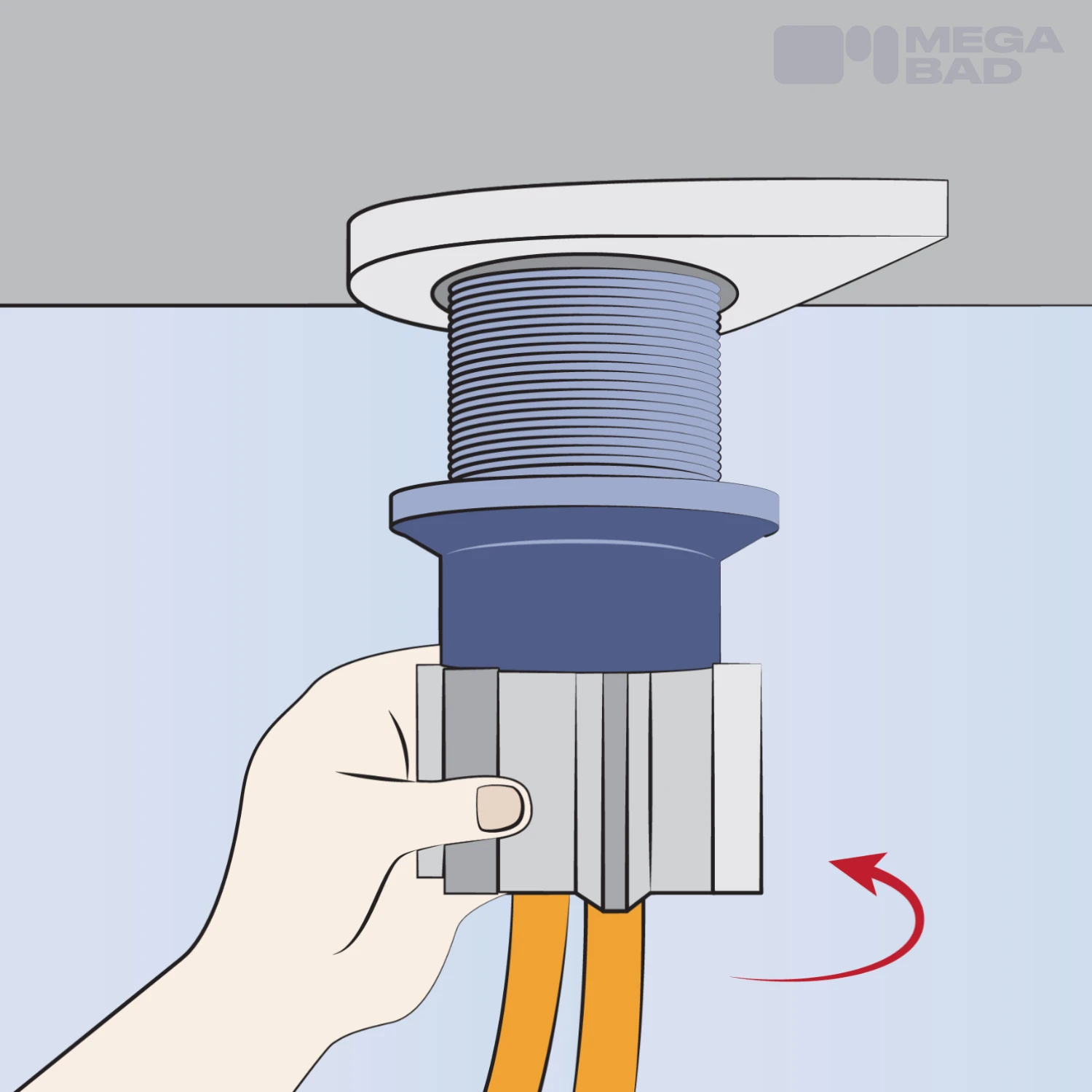 Als nächstes werden die Stabilisierungsplatte und die Überwurfmutter befestigt, sodass der Wasserhahn fester und sicherer auf der Spüle steht.
