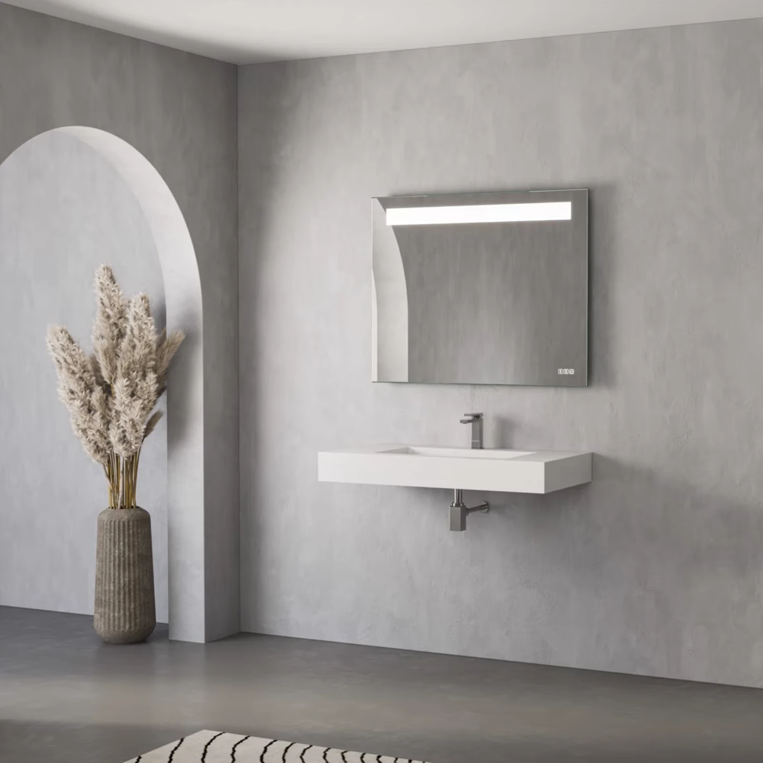 ALLUVION Aurora Soundwave Lichtspiegel mit LED-Beleuchtung und integrierten Lautsprechern in einem minimalistischen Bad.