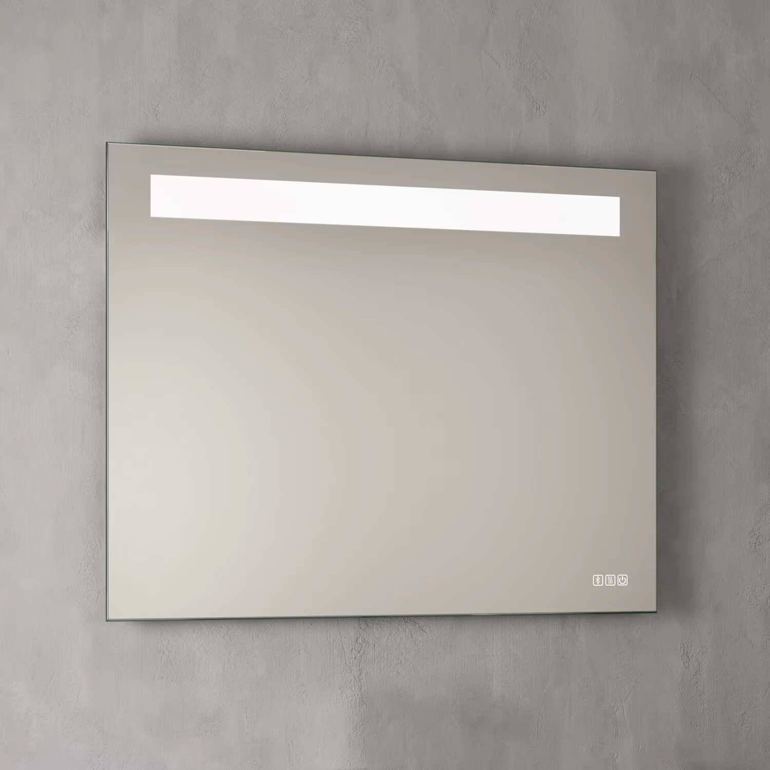ALLUVION Aurora Soundwave Lichtspiegel in einem grauen Badezimmer.
