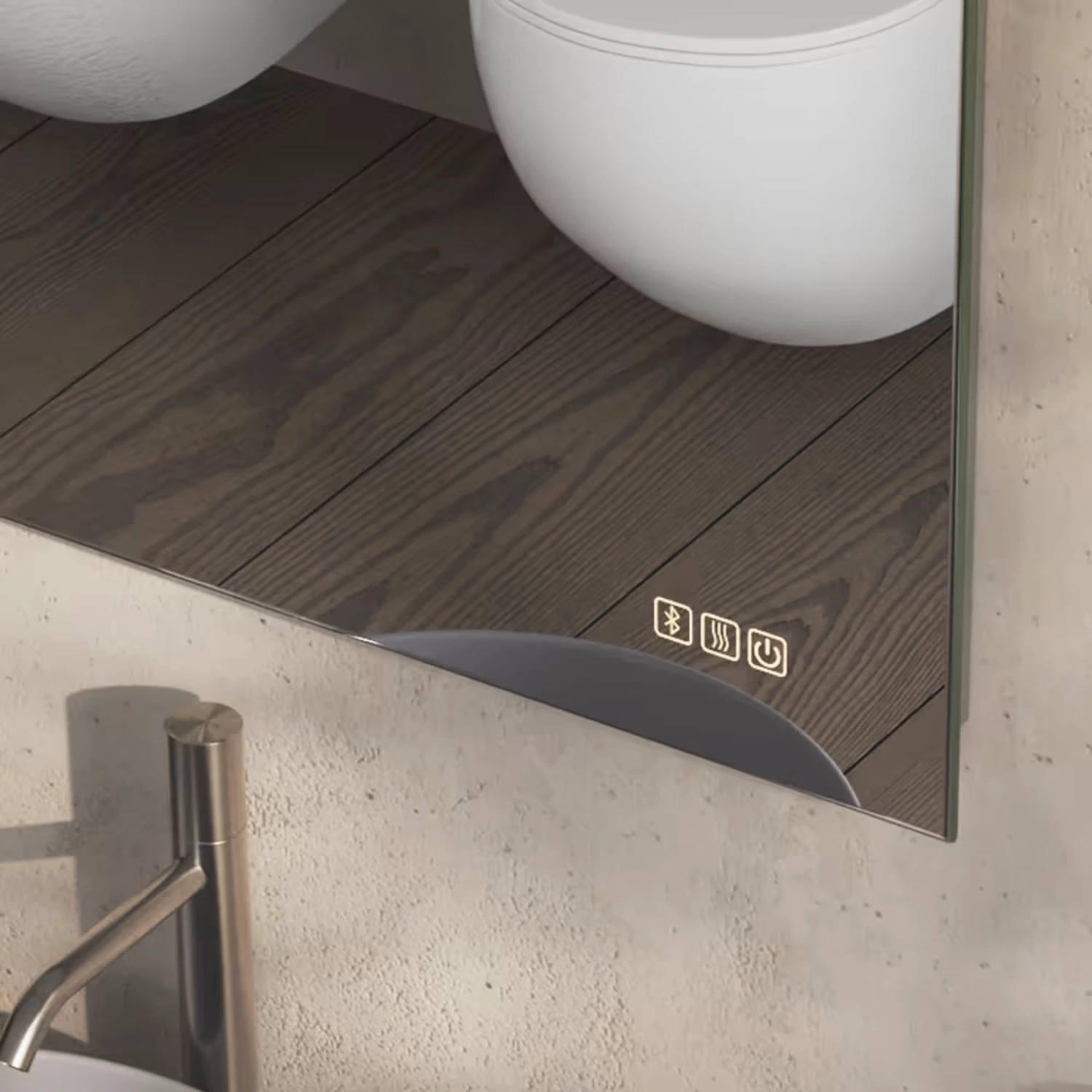 Nahaufnahme der Touch-Schalter des ALLUVION Aurora Soundwave Lichtspiegels in einem trendigen Bad.