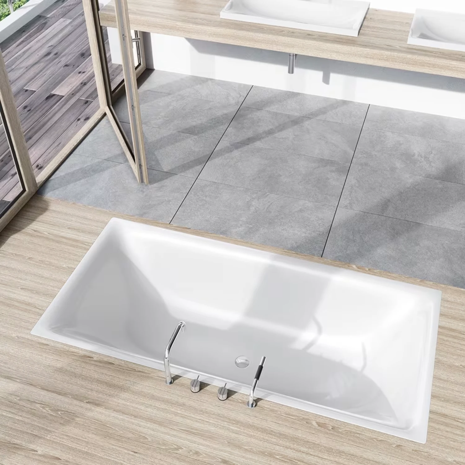 Kaldewei Silenio Rechteckbadewanne inkl. Sound Wave Audio System in einem hellen, modernen Badezimmer.