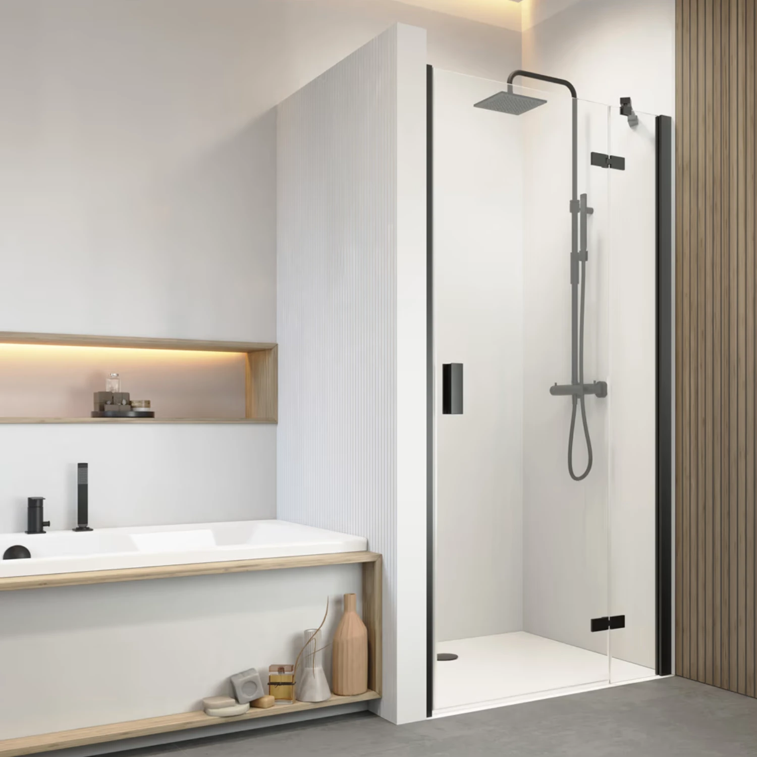 pianura Giulia Duschsystem Aufputz mit Thermostat und Kopfbrause in matt schwarz in einem modernen Badezimmer.