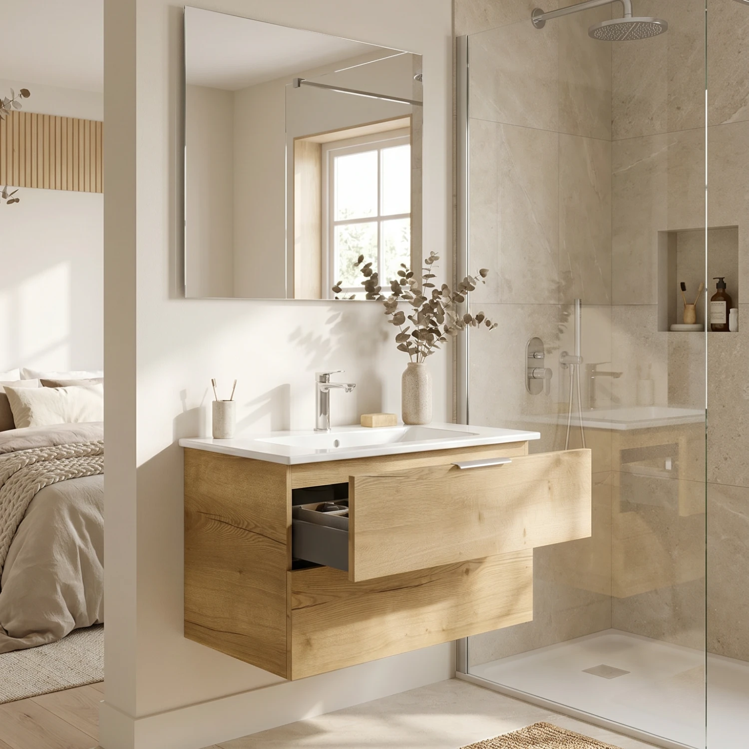 Bad en suite in beige mit ebenerdiger Dusche