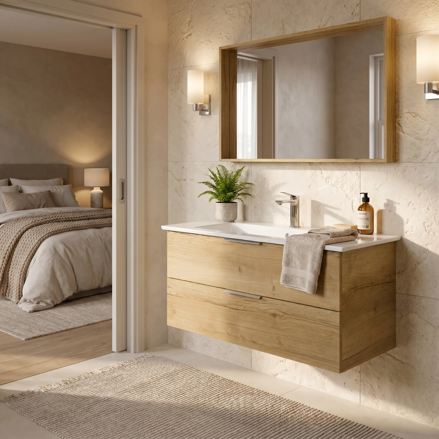 Bad en suite mit Natursteinfliesen
