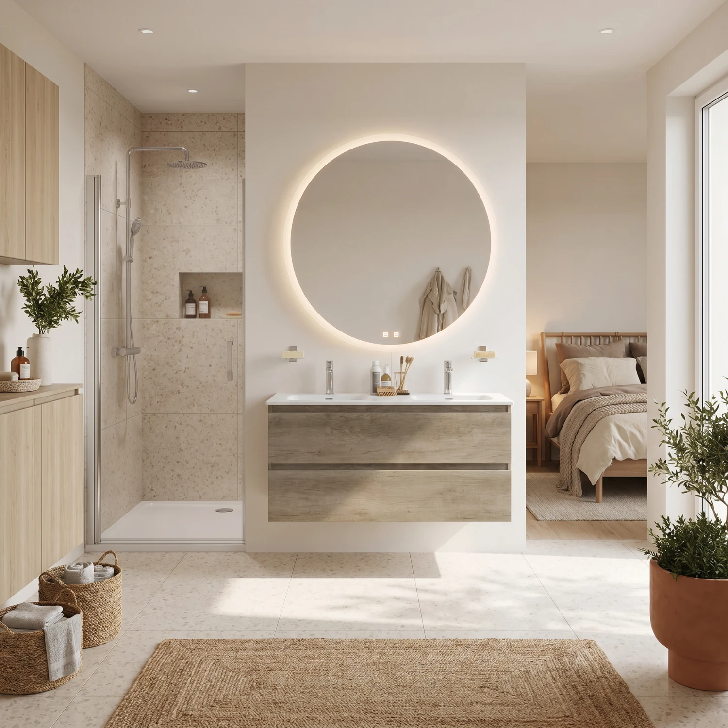 Großes Bad en suite mit Terrazzo fliesen, Doppelwaschbecken und Walk in Dusche