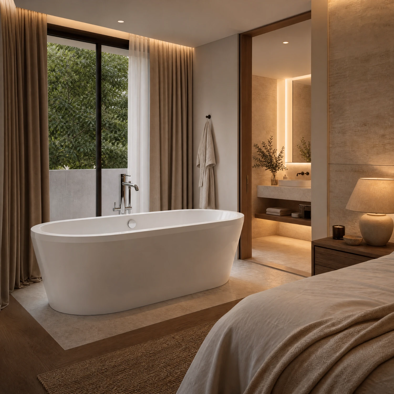 Freistehende Badewanne im Schlafzimmer in beigen Tönen