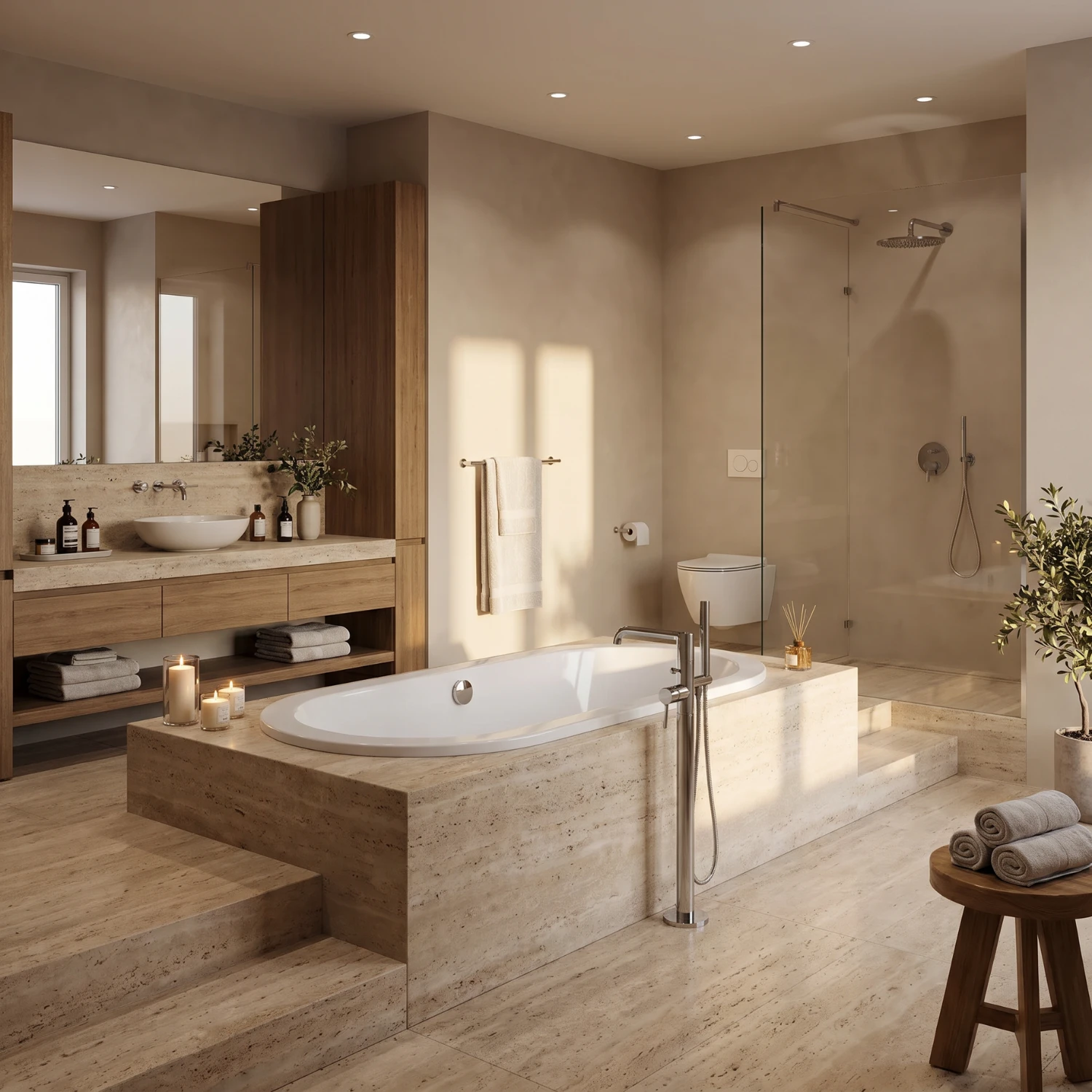 Kronenbach Tube Duo-Badewanne in weiß in einem luxuriösen Badezimmer in beiger Marmoroptik.
