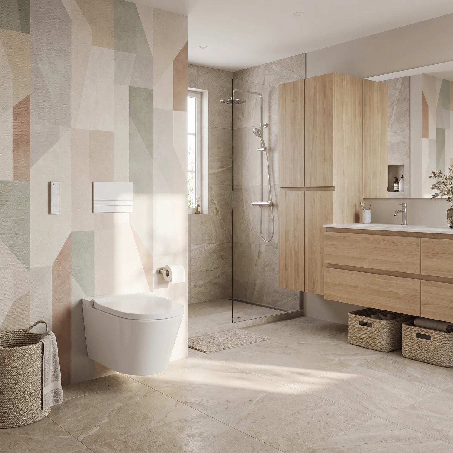 Helles Badezimmer im skandinavischen Stil mit einer geometrischen Tapete in Pastellfarben.