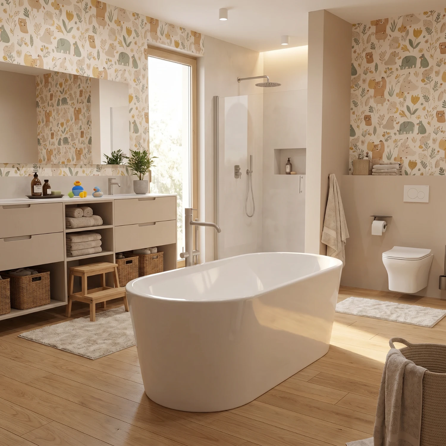 pianura Valentina Badewanne in einem Familienbadezimmer mit einer kindlichen Tiertapete.