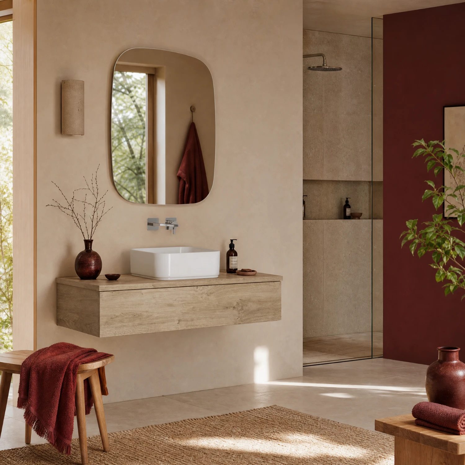 Kronenbach Cube Waschtischkonsole in grain hell in einem japanisch angehauchten Badezimmer in Steinoptik und bordeaux roten Accessoires.