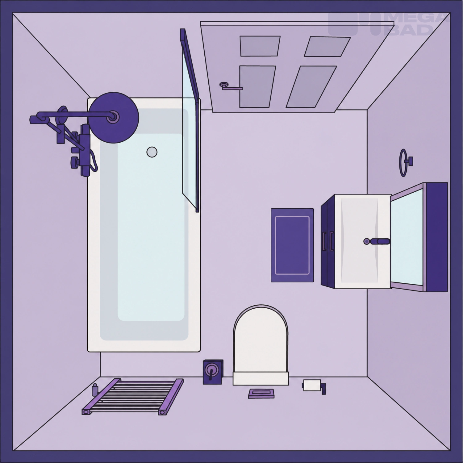 Grundriss eines 4 qm kleinen Badezimmers mit einer Badewanne und Dusche.