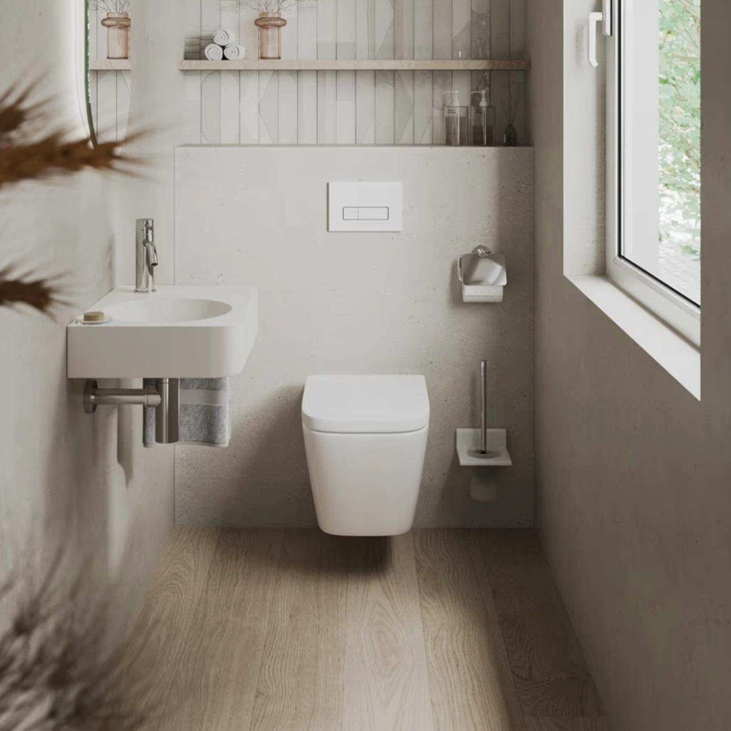 Kleines, modernes Badezimmer in hellen Tönen.