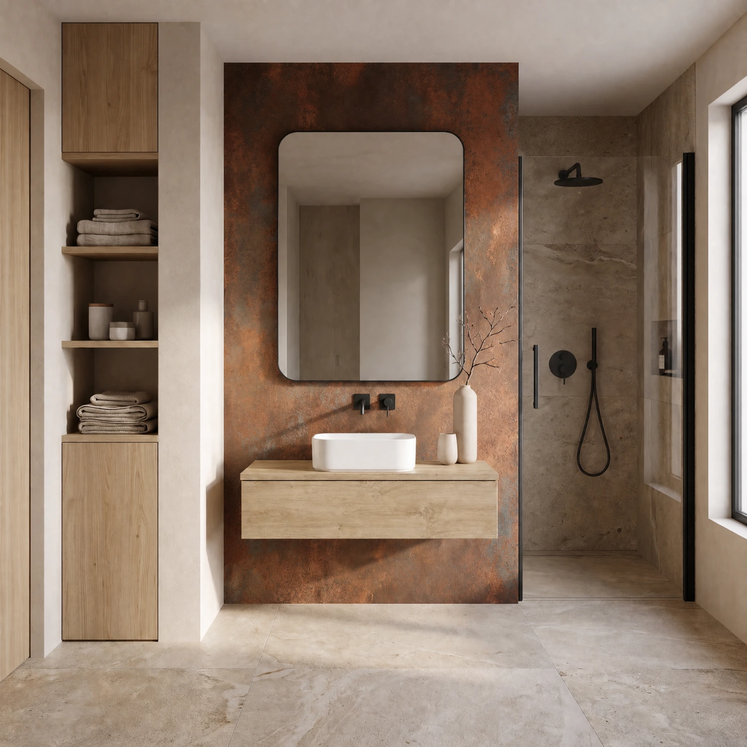 Die Kronenbach Cube Waschtischkonsole in einem hellen Holz fügt sich nahtlos in das moderne Badezimmer in Rostoptik ein.