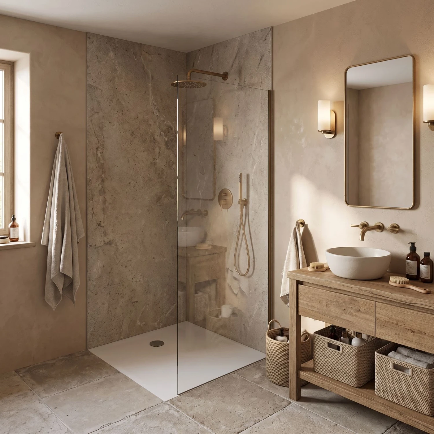 Kronenbach Cube Mineralguss-Duschwanne in einem luxuriösen Badezimmer mit einer Marmor-Akzentwand.
