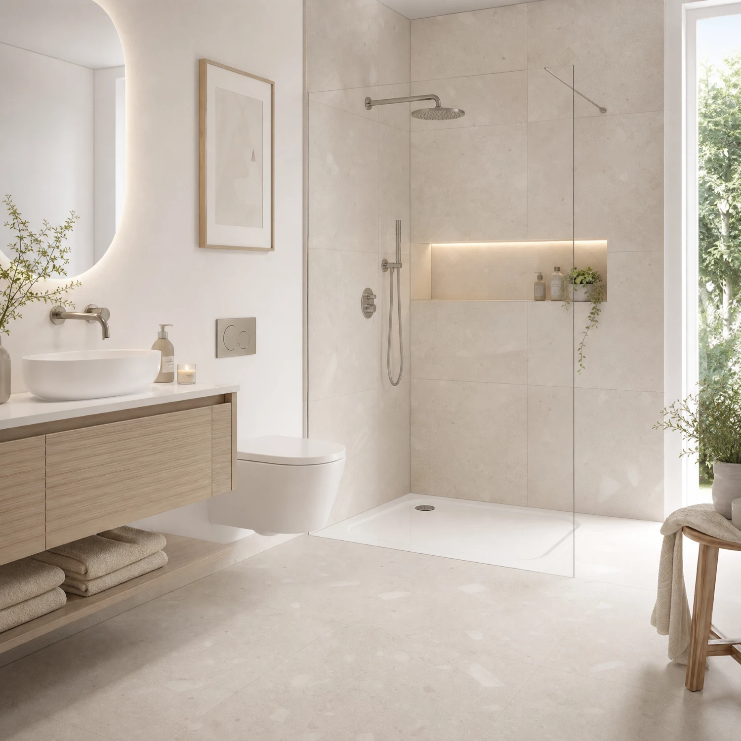 Helles Badezimmer mit Terrazzofliesen in Beige mit offener Dusche