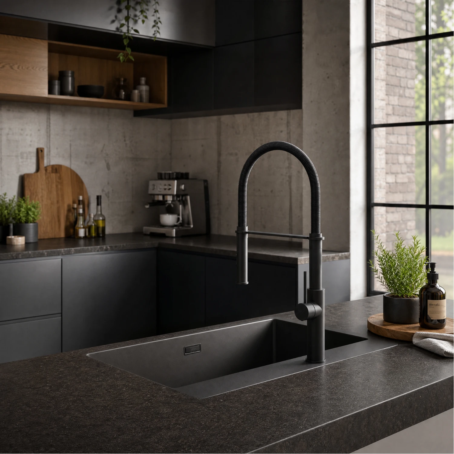 Kronenbach Lima Professional in matt schwarz in einer dunklen Küche im Industrial Style.