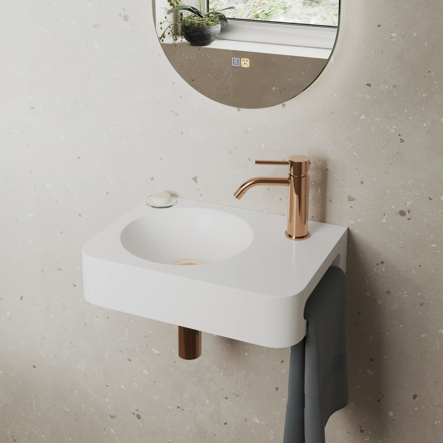 Kronenbach Lima 2.0 Rose Gold Waschtisch-Einhebelmischer ohne Ablaufgarnitur in rose gold in einem minimalistischen, luxuriösen Bad.
