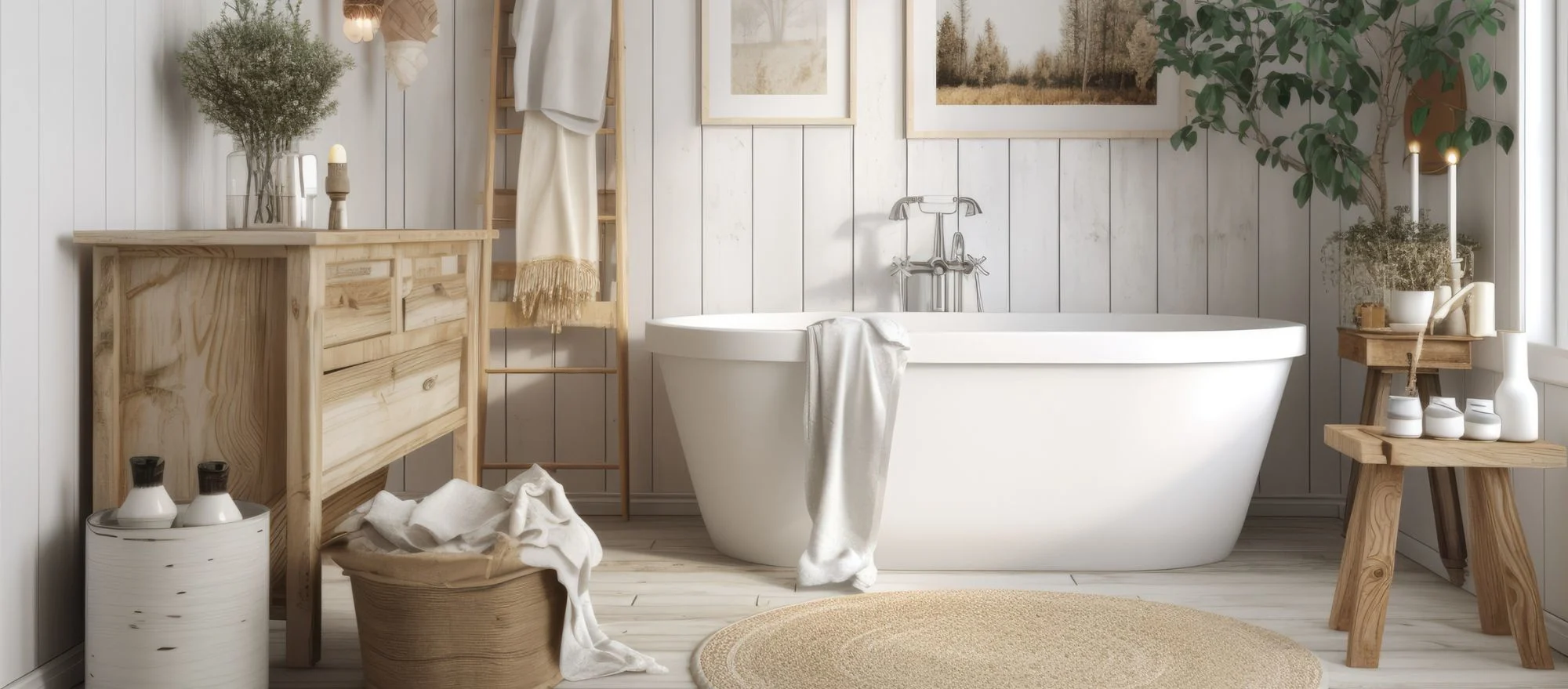 Typisches gemütliches Badezimmer mit Holz und hellen Farben