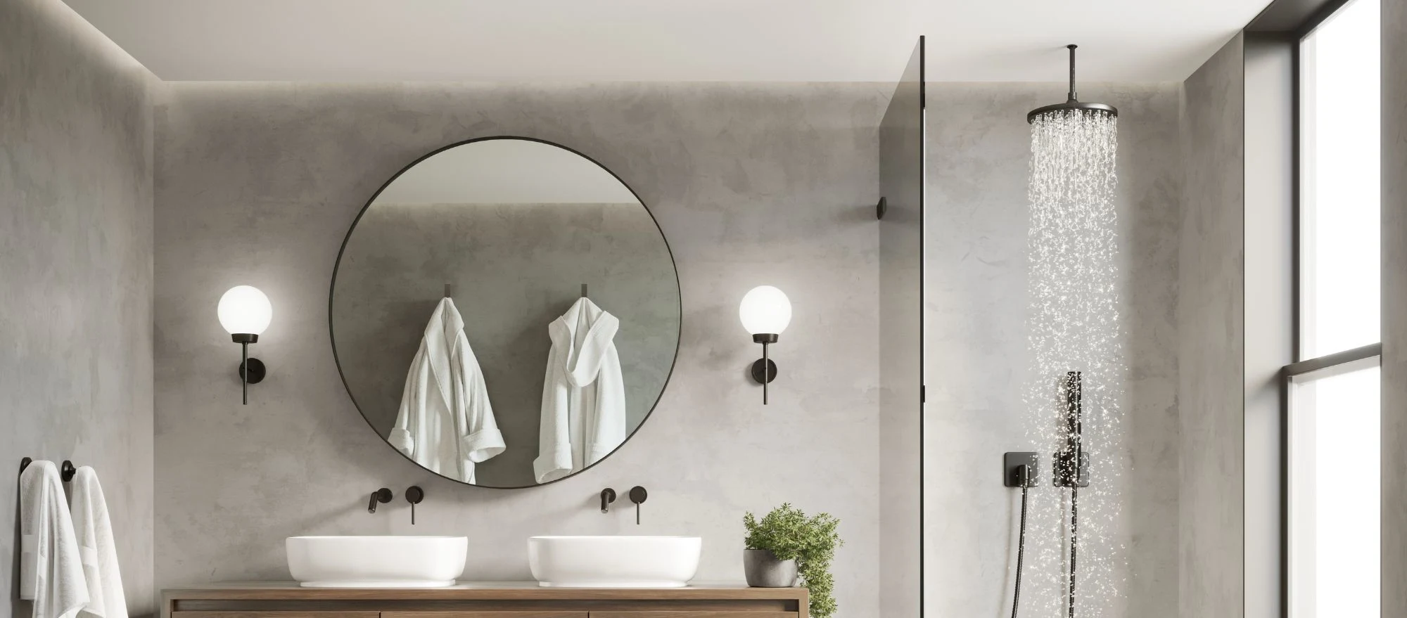 Badezimmer mit extrem großer Regendusche in der Decke