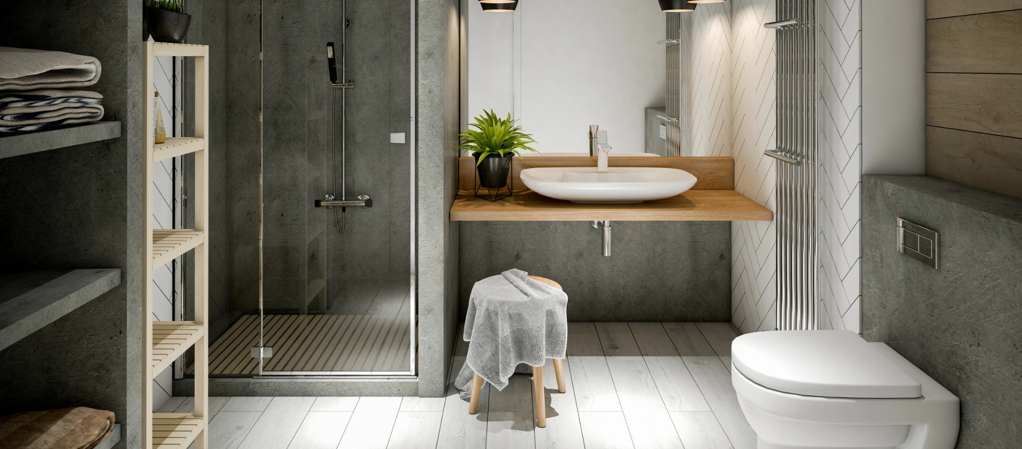 Aufgeräumtes Badezimmer mit genug Stauraum