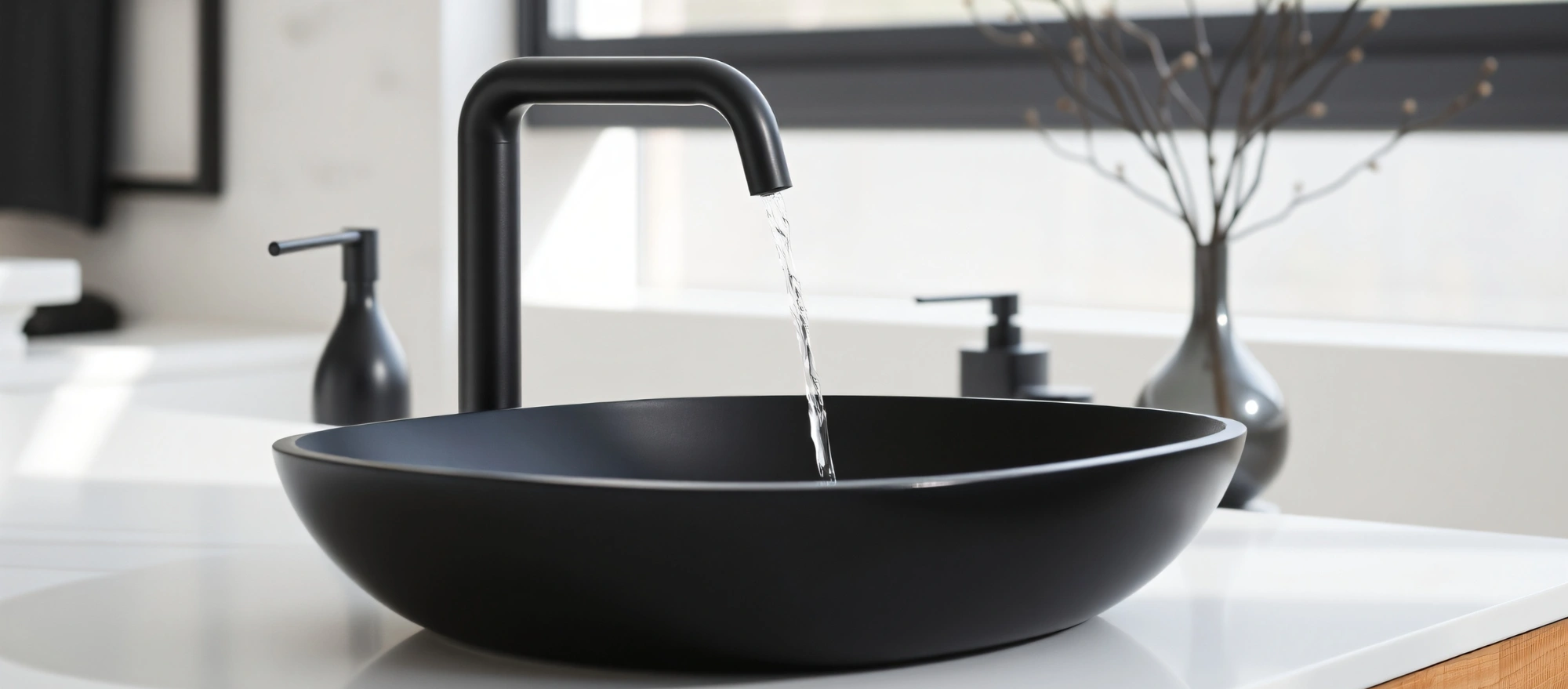 Schwarzes Waschbecken mit fließendem Wasserhahn