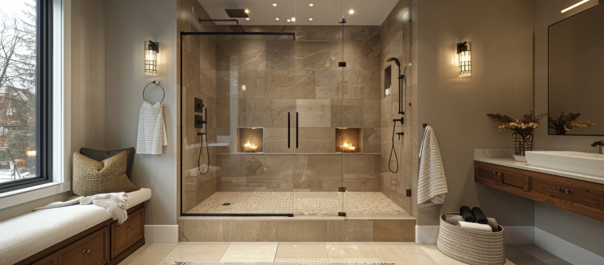 Luxuriöses Badezimmer im beigen Farbschema