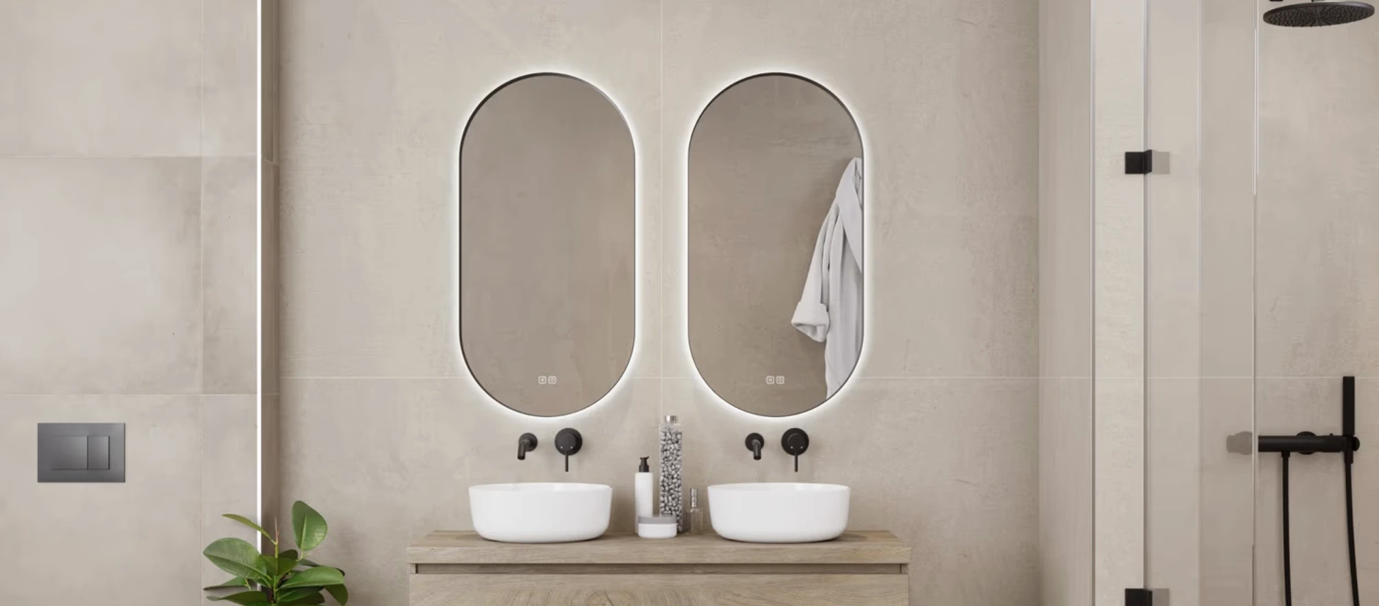 schwarze pianura Mia Badspiegel mit LED-Badspiegel in einem modernen, beigen Bad