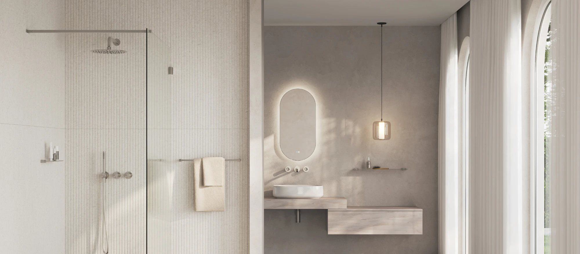 Modernes, trendiges Bad in beige