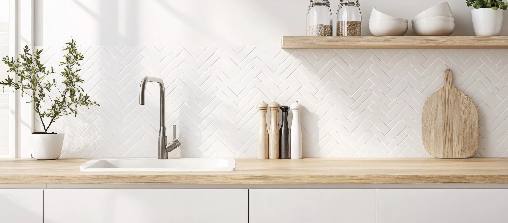 Moderne, helle Küche mit einem chromfarbenden Wasserhahn