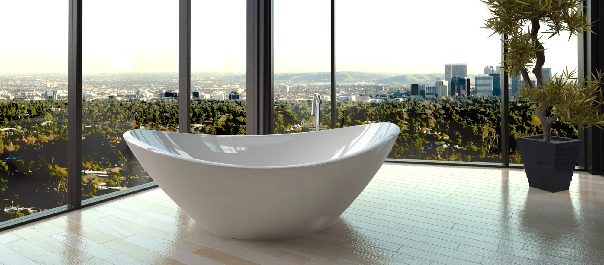 Freistehende Badewanne in einem hellen, offenen Loft Badezimmer