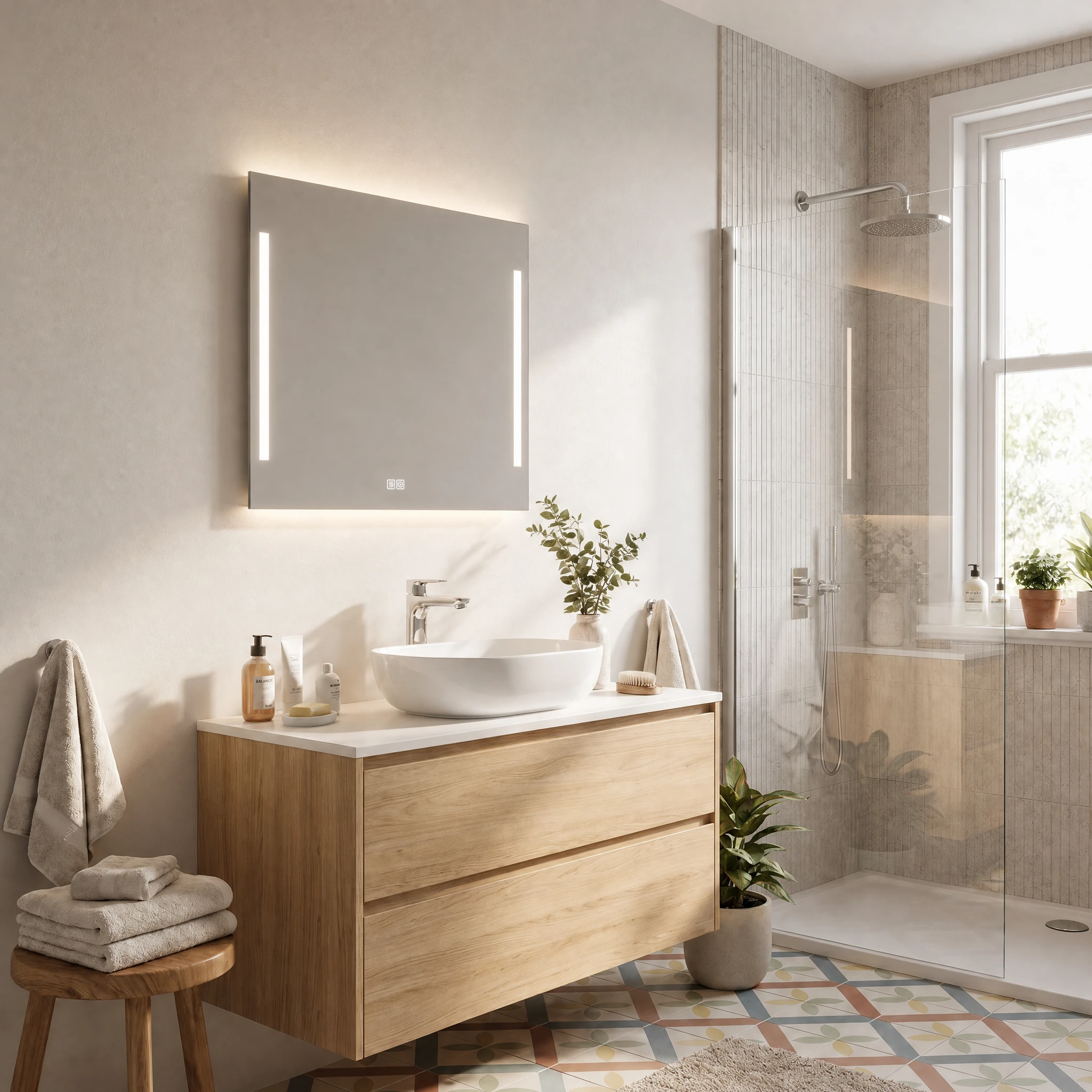 Helles Badezimmer mit Holzmöbeln, LED-Spiegel, Walk in Shower in skandinavischem Look mit gemusterten Fliesen