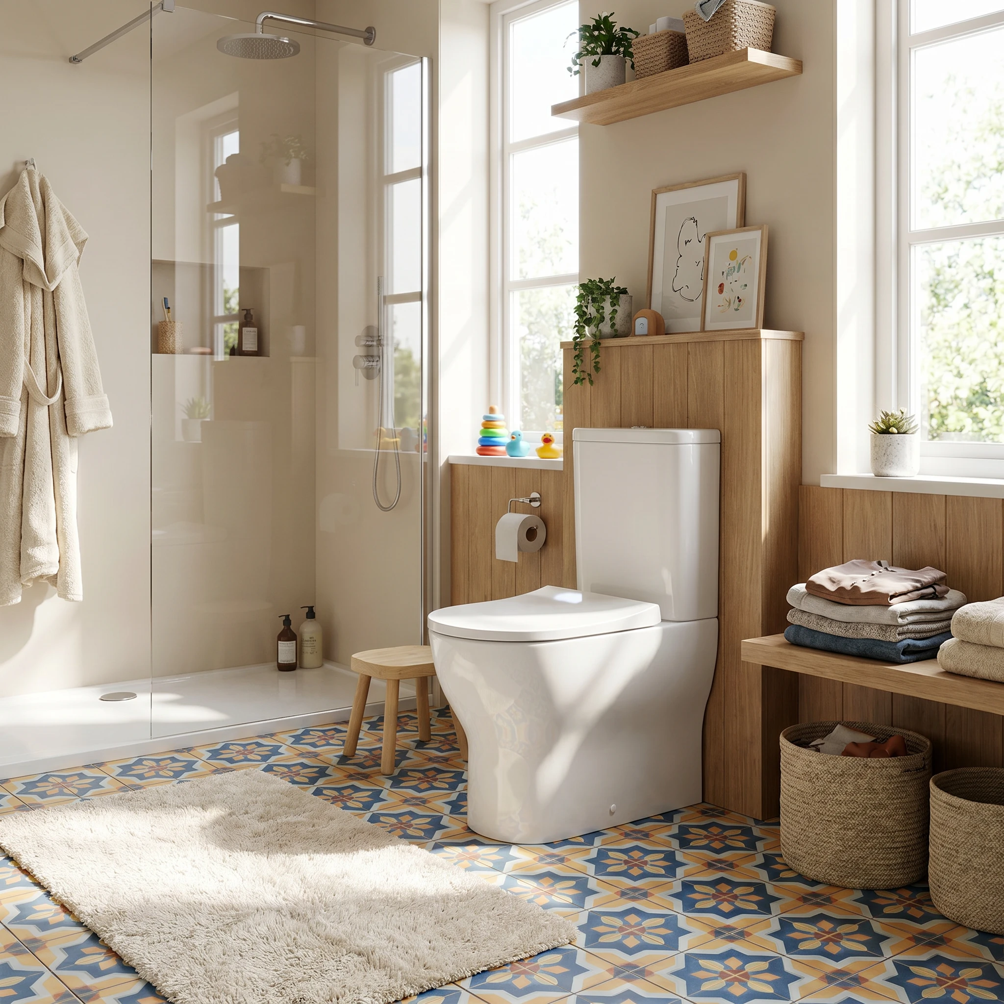 Familienbadezimmer mit Walk in Dusche und Standwc mit gemusterten Bodenfliesen