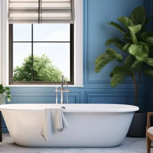 Blau gestaltetes Badezimmer mit Holz