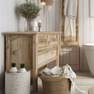 Typisches gemütliches Badezimmer mit Holz und hellen Farben