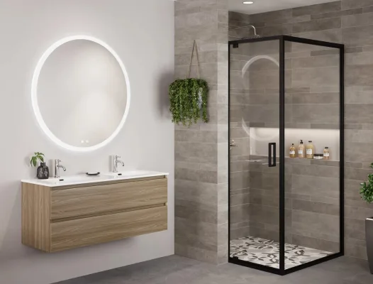 Modernes Badezimmer mit Doppelwaschbecken und Glasdusche