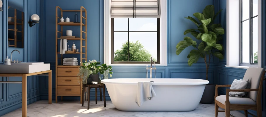 Blau gestaltetes Badezimmer mit Holz