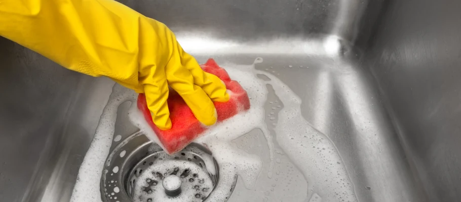 Edelstahlspüle wird mit einem roten Schwamm und gelben Handschuhen gereinigt