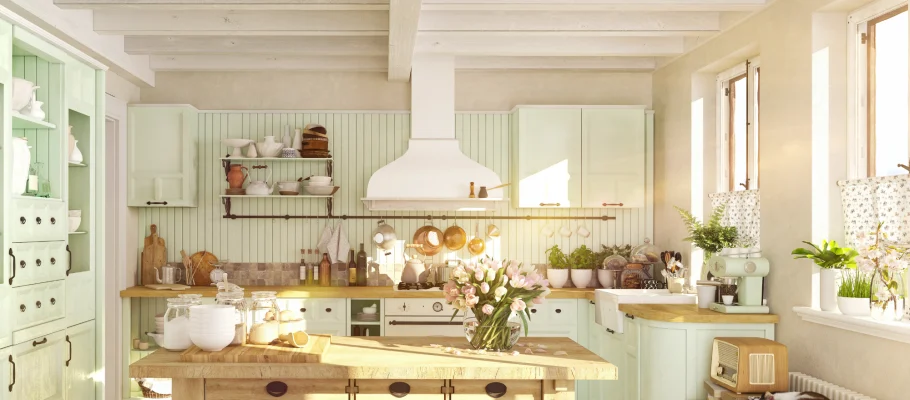 Küche im Landhausstil mit pastelligen Farben