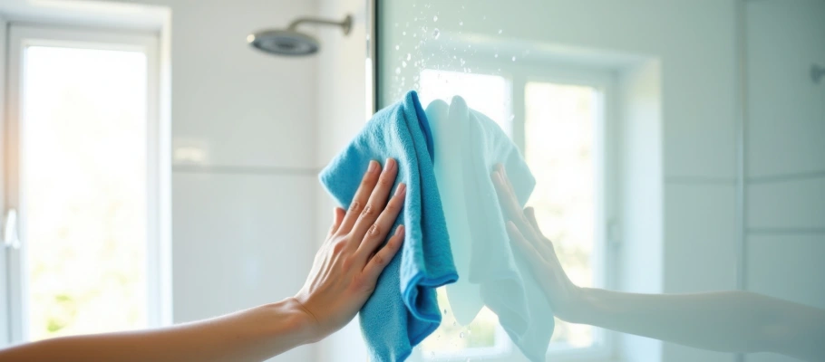 Reinigung einer Duschkabine mit einem feinen Tuch.