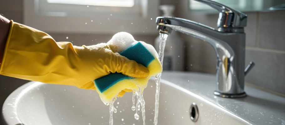 Eine Hand in einem gelben Gummihandschuh reinigt mit einem Schwamm das Badezimmerwaschbecken, während klares Wasser darüber fließt.